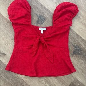 See You Monday Red Tie-Front Puff Sleeve Crop Top